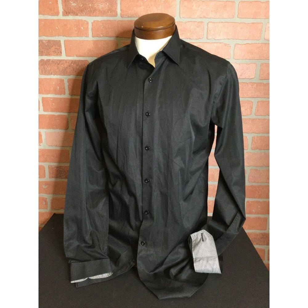 Vitarelli Mens Slim Fit Button-Up Dress Shirt Long Sleeves Collared Black Size 1